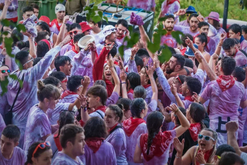 Peña bailando y saltando durante la tradicional Batalla del Vino de Haro